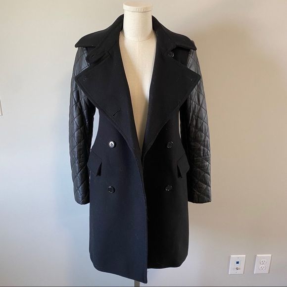 Club Monaco Carolina  Wool Pea Coat Leather Sleeves - Picture 9 of 16